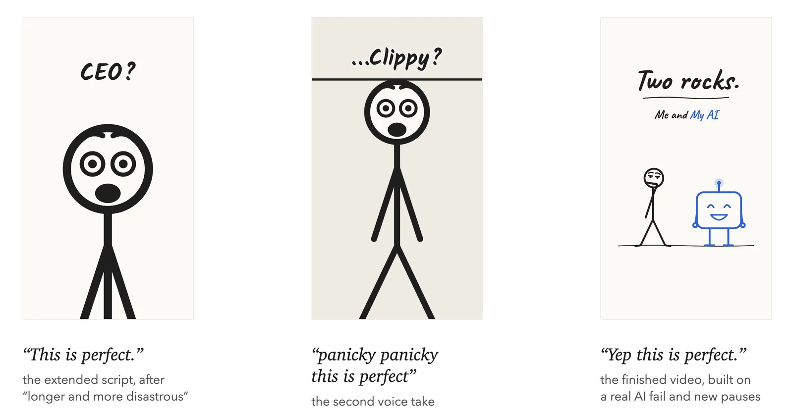 Figure 7: Three of my five delights, with what I typed at the time. Left: the comma reel's extended script. Centre: the panicky Copilot take in the third reel. Right: the pizza reel, rebuilt on real AI fails and new pauses. The other two delights were voice takes on the comma reel.